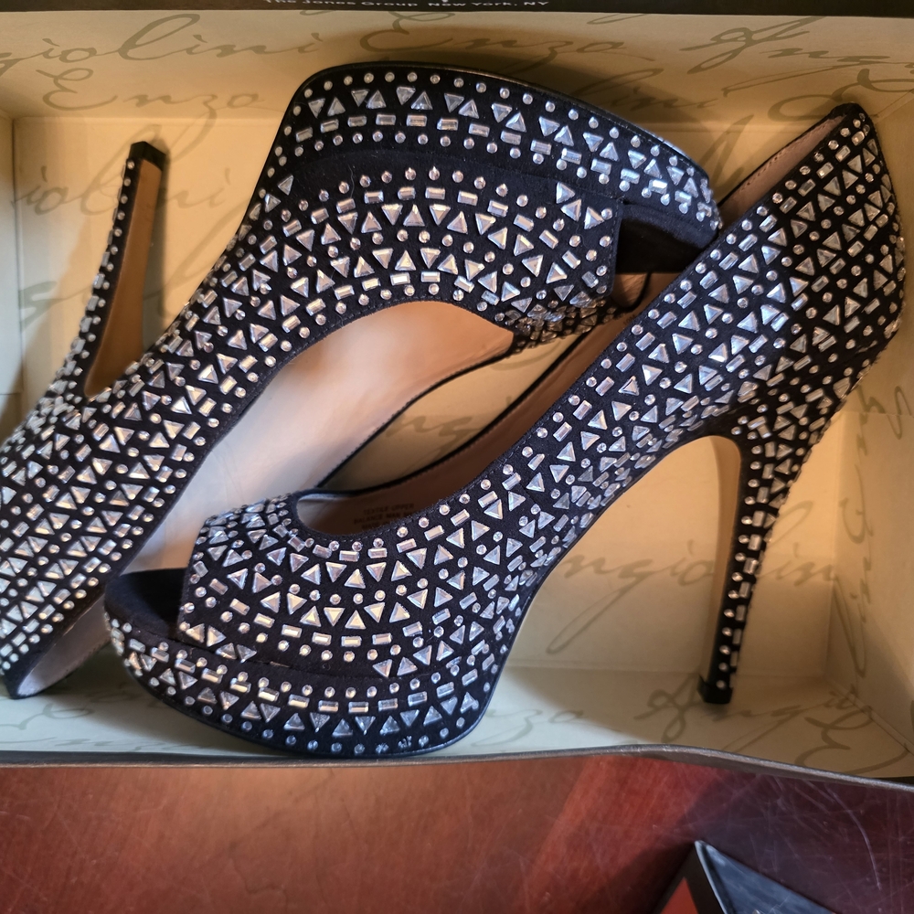 Enzo Angiolini Black and Silver Crystal Embellished Heels